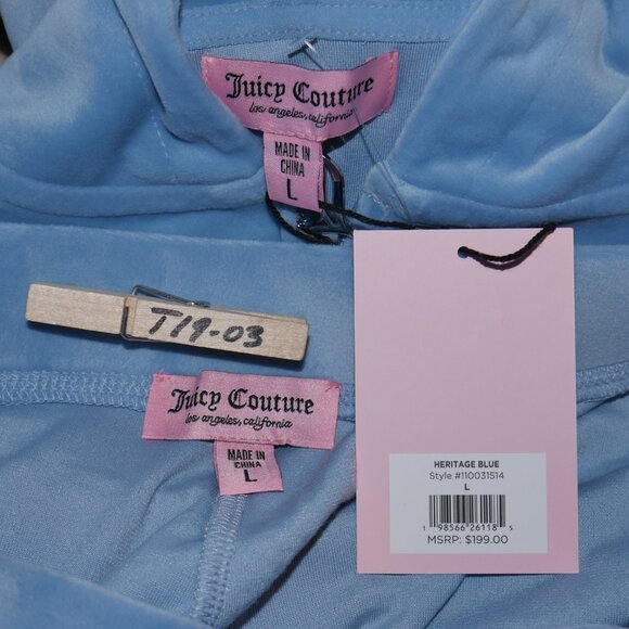 JUICY COUTURE BLING Velour 2 Piece TRACKSUIT Pants + Hoodie Set Frosted Blue NWT - Picture 15 of 16
